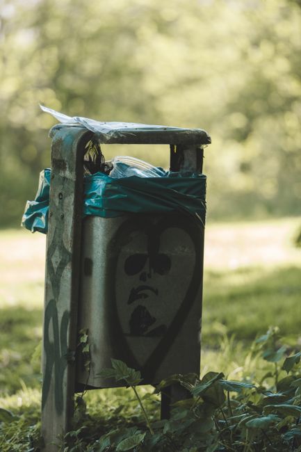A public metal rubbish bin situated outdoors on a grassy area with small plants and leaves at its base, featuring a heart-shaped graffiti face with dark eyes, a nose, and a frown painted on the front.